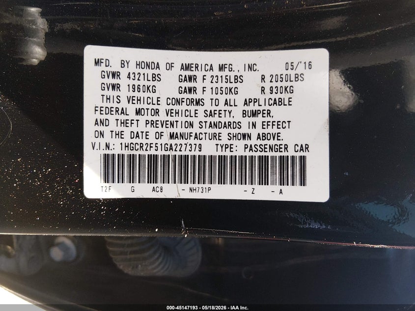 2016 Honda Accord VIN 1HGCR2F51GA227379 IAAI salvage auction — SIDE, Salvage (North Carolina), sold $2,150 on 2026-07-31 (photo 9)