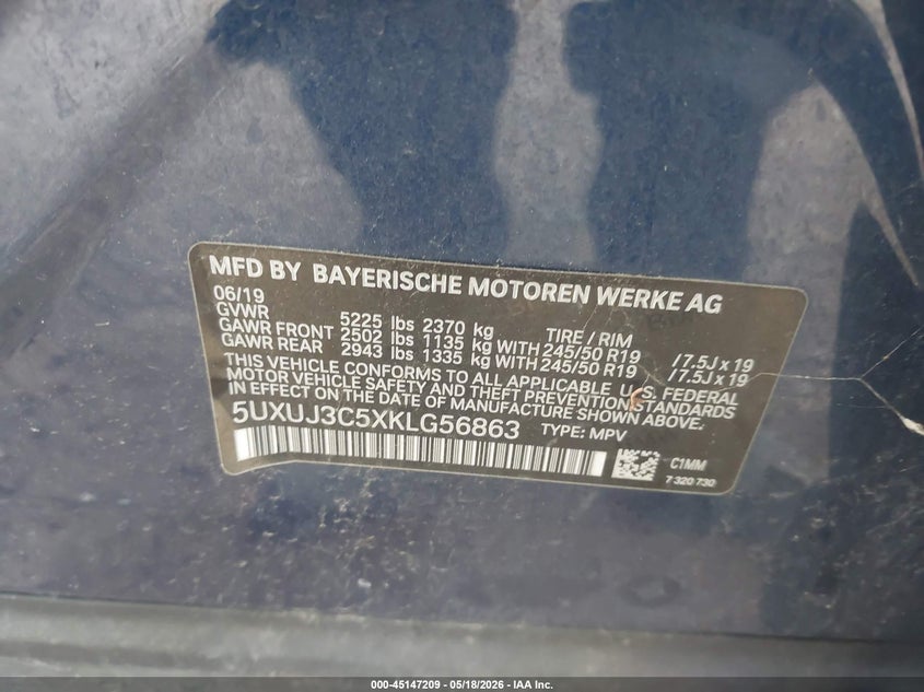 2019 BMW X4 VIN 5UXUJ3C5XKLG56863 IAAI salvage auction — RIGHT SIDE, Clear (Arkansas), sold $3,300 on 2026-07-07 (photo 9)