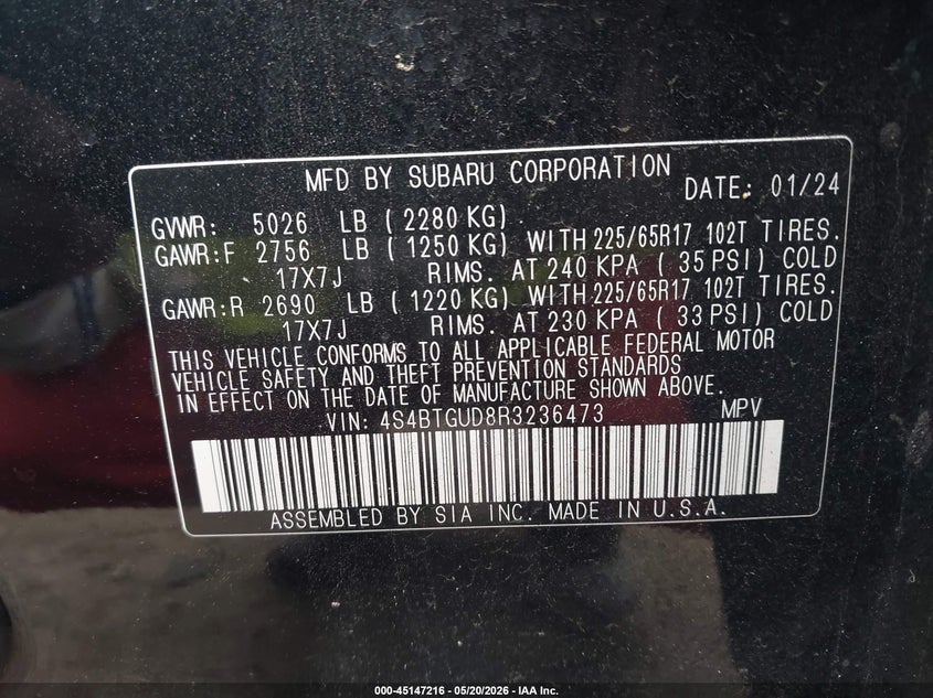 2024 Subaru Outback VIN 4S4BTGUD8R3236473 IAAI salvage auction — FRONT END, Original (Texas), sold $11,100 on 2026-07-28 (photo 9)