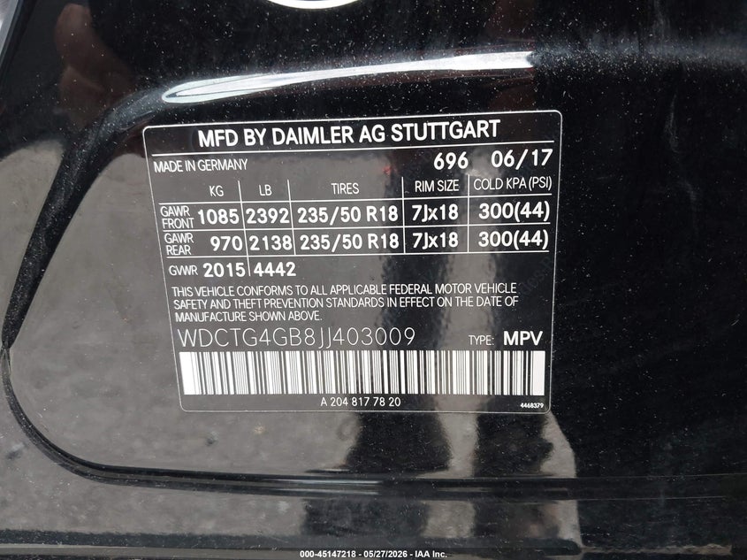 2018 Mercedes-benz Gla-klasse VIN WDCTG4GB8JJ403009 IAAI salvage auction — FRONT END, Salvage Title, sold $1,350 on 2026-07-23 (photo 9)