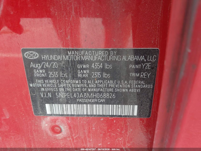 2021 Hyundai Sonata VIN 5NPEL4JA8MH068826 IAAI salvage auction — FRONT END, Salvage (North Carolina), sold $2,400 on 2026-07-15 (photo 9)