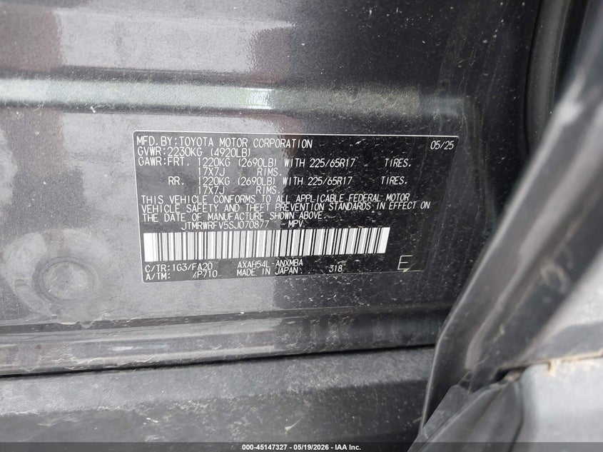 2025 Toyota Rav 4 VIN JTMRWRFV5SJ070877 IAAI salvage auction — HAIL, Salvage (Missouri), sold $13,250 on 2026-07-20 (photo 9)