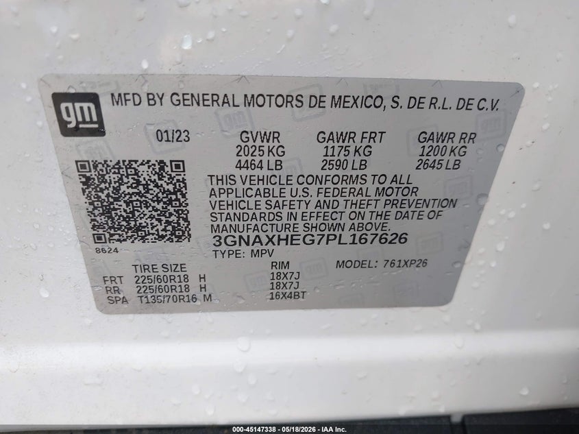 2023 Chevrolet Equinox VIN 3GNAXHEG7PL167626 IAAI salvage auction — HAIL, Clear (Oklahoma), sold $10,525 on 2026-07-29 (photo 9)