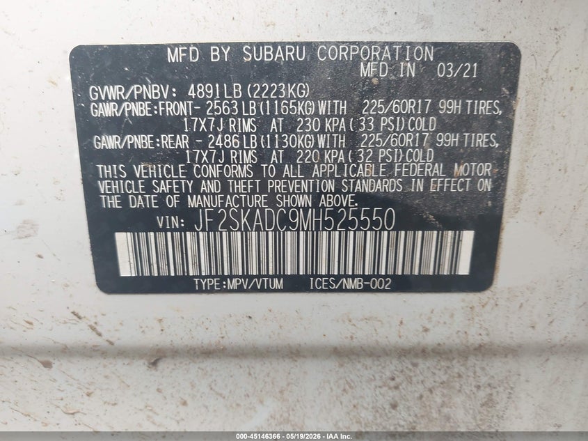 2021 Subaru Forester VIN JF2SKADC9MH525550 IAAI salvage auction — FRONT END, Clear Claim Paid (Wisconsin), sold $1,950 on 2026-07-30 (photo 9)