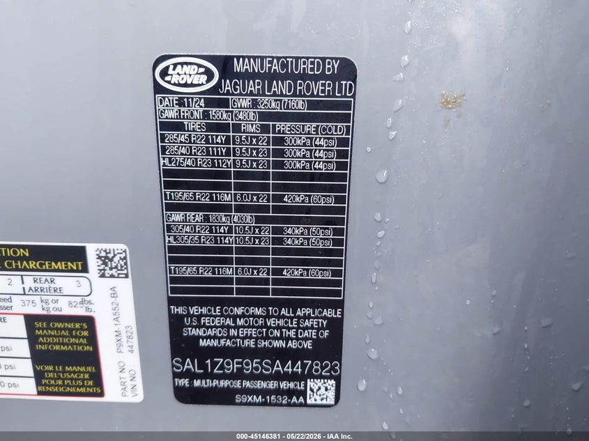2025 Land rover Range rover sport VIN SAL1Z9F95SA447823 IAAI salvage auction — REAR END, Clear (Oklahoma), sold $107,500 on 2026-07-20 (photo 9)