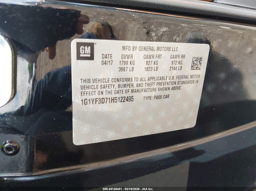 2017 Chevrolet Corvette VIN 1G1YF3D71H5122495 IAAI salvage auction — REAR END, Mv-907A (New York), sold $30,150 on 2026-07-06 (photo 9)