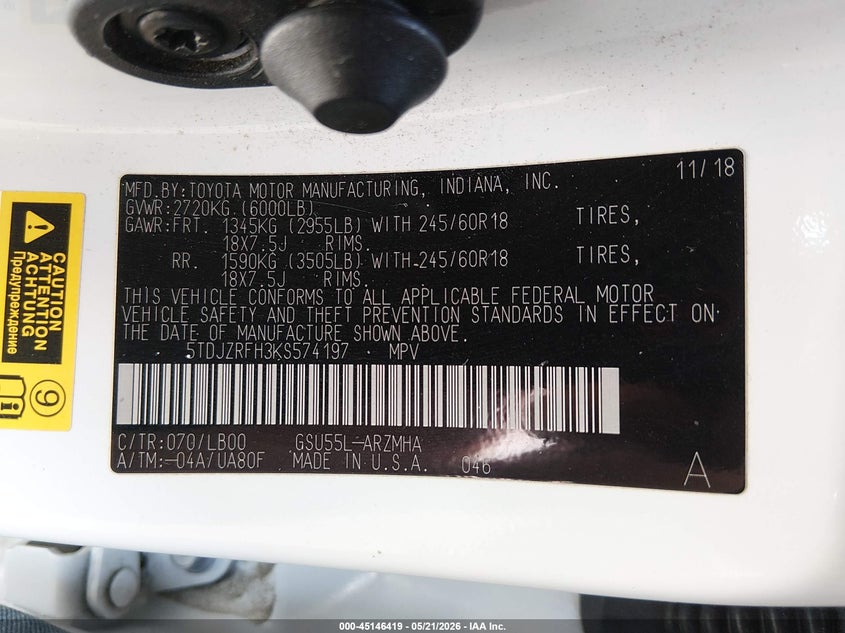 2019 Toyota Highlander VIN 5TDJZRFH3KS574197 IAAI salvage auction — FRONT END, Salvage (Oregon), sold $8,500 on 2026-07-06 (photo 9)