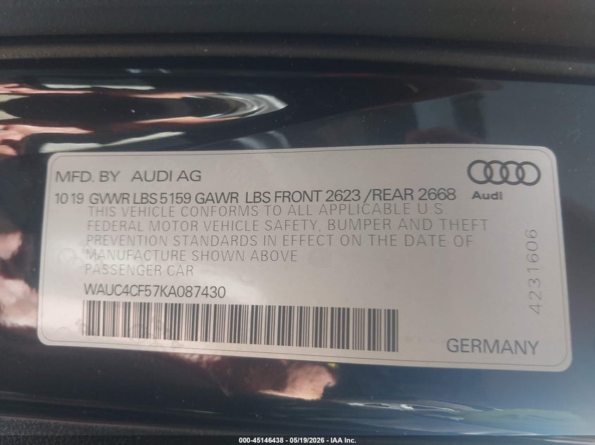 2019 Audi S5 VIN WAUC4CF57KA087430 IAAI salvage auction — FRONT END, Salvage - Greater Than 75% (Maryland), sold $3,800 on 2026-07-09 (photo 9)