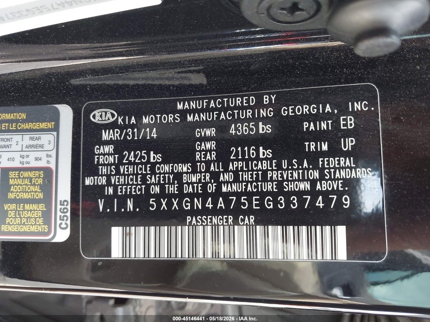 2014 Kia Optima VIN 5XXGN4A75EG337479 IAAI salvage auction — FRONT END, Original (Texas), sold $1,200 on 2026-07-14 (photo 9)