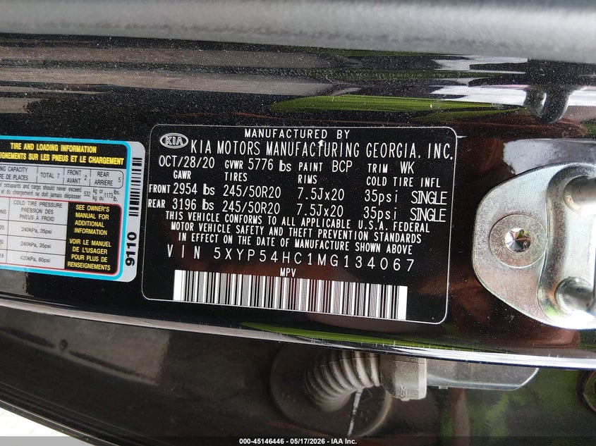 2021 Kia Telluride VIN 5XYP54HC1MG134067 IAAI salvage auction — HAIL, Clear (Missouri), sold $7,100 on 2026-07-20 (photo 9)