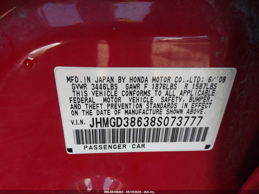 2008 Honda Fit VIN JHMGD38638S073777 IAAI salvage auction — FRONT END, Clear (Indiana), sold $350 on 2026-07-15 (photo 9)