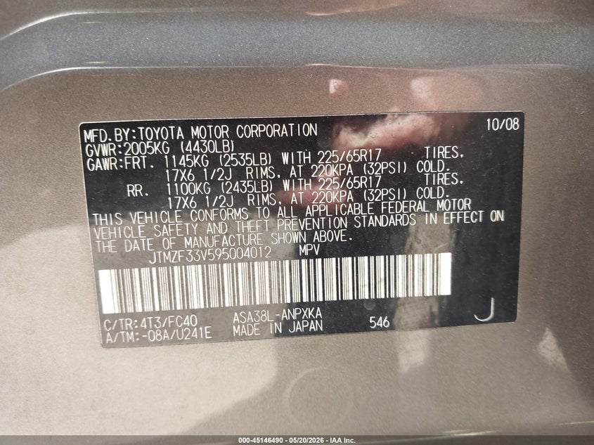 2009 Toyota Rav4 VIN JTMZF33V595004012 IAAI salvage auction — FRONT END, Salvage (California), sold $25 on 2026-07-22 (photo 9)