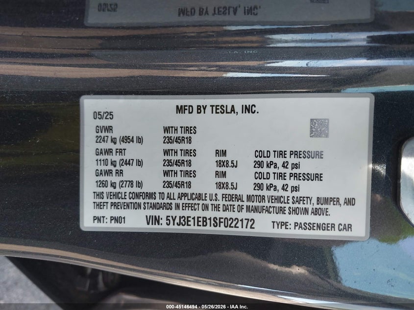 2025 Tesla Model 3 VIN 5YJ3E1EB1SF022172 IAAI salvage auction — LEFT REAR, Salvage (Massachusetts), sold $13,450 on 2026-07-21 (photo 9)