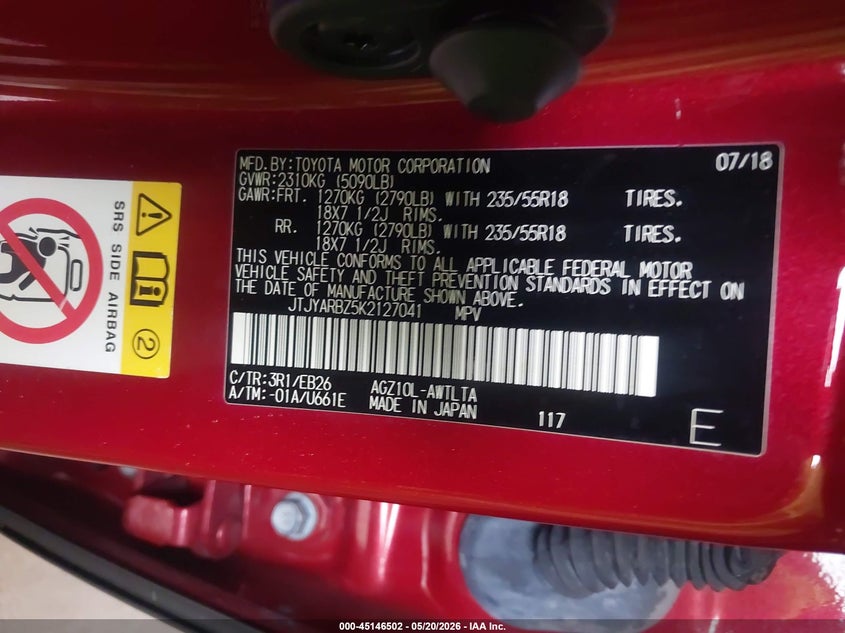 2019 Lexus Nx VIN JTJYARBZ5K2127041 IAAI salvage auction — REAR END, Original (Texas), sold $8,500 on 2026-07-24 (photo 9)