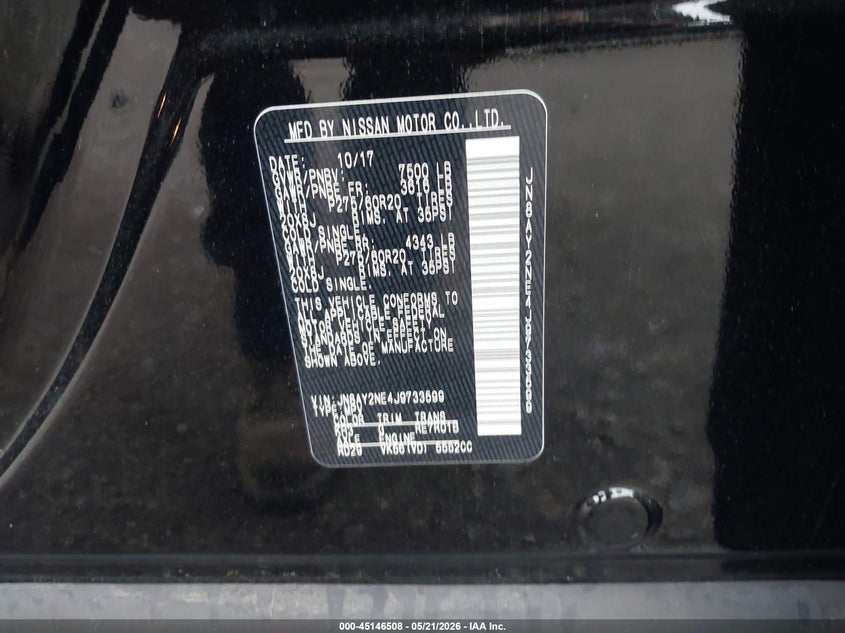 2018 Nissan Armada VIN JN8AY2NE4J9733599 IAAI salvage auction — LEFT SIDE, Salvage - 75% Or Less (Maryland), sold $7,150 on 2026-07-20 (photo 9)
