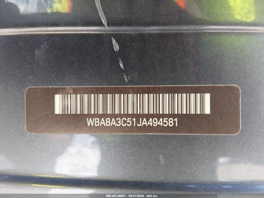 2018 BMW 3er VIN WBA8A3C51JA494581 IAAI salvage auction — TOTAL BURN, Junk Receipt (North Carolina), sold $100 on 2026-07-15 (photo 9)