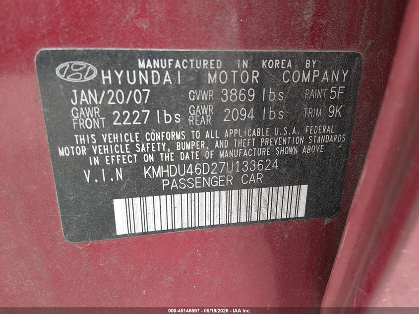 2007 Hyundai Elantra VIN KMHDU46D27U133624 IAAI salvage auction — REAR END, Salvage (Louisiana), sold $375 on 2026-07-13 (photo 9)