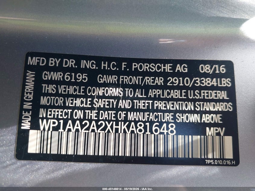 2017 Porsche Cayenne VIN WP1AA2A2XHKA81648 IAAI salvage auction — LEFT FRONT, Salvage - Greater Than 75% (Maryland), sold $4,650 on 2026-07-22 (photo 9)