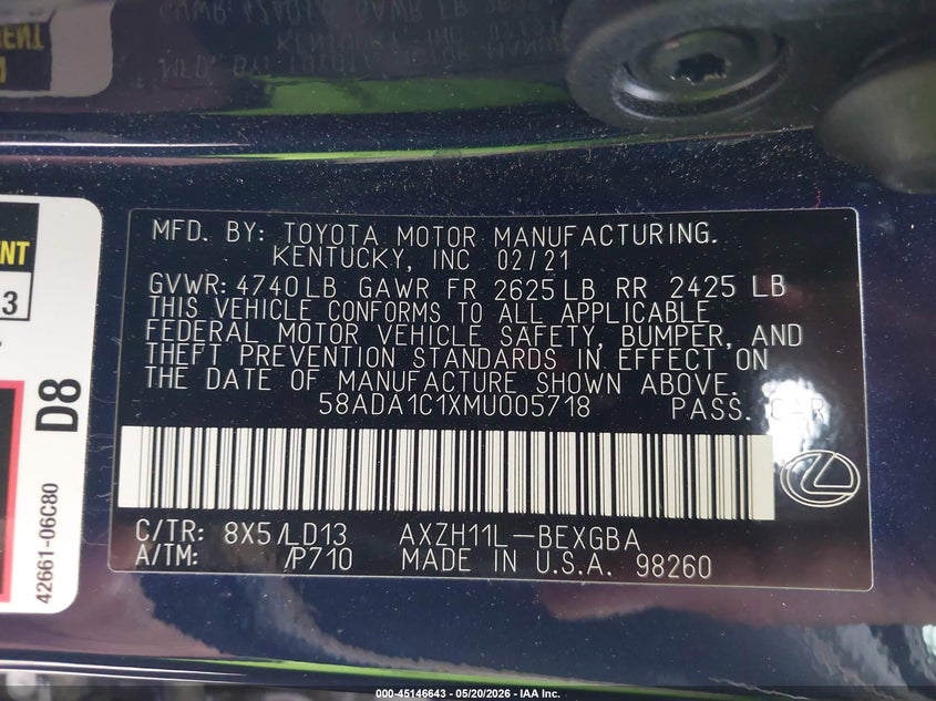 2021 Lexus ES VIN 58ADA1C1XMU005718 IAAI salvage auction — REAR END, Salvage (Texas), sold $16,500 on 2026-07-09 (photo 9)