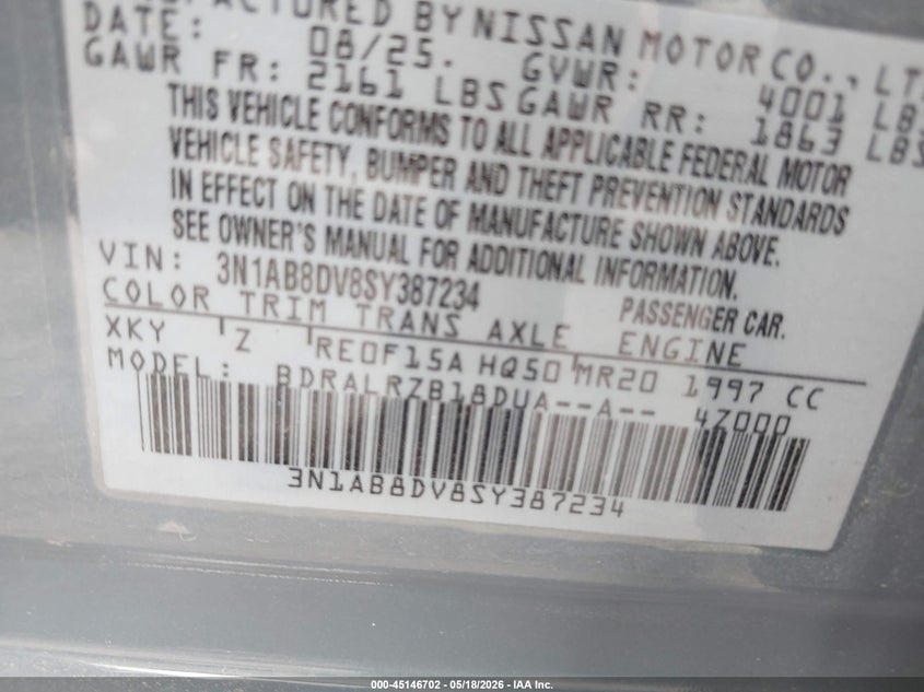 2025 Nissan Sentra VIN 3N1AB8DV8SY387234 IAAI salvage auction — LEFT SIDE, Salvage (Texas), sold $10,825 on 2026-07-29 (photo 9)