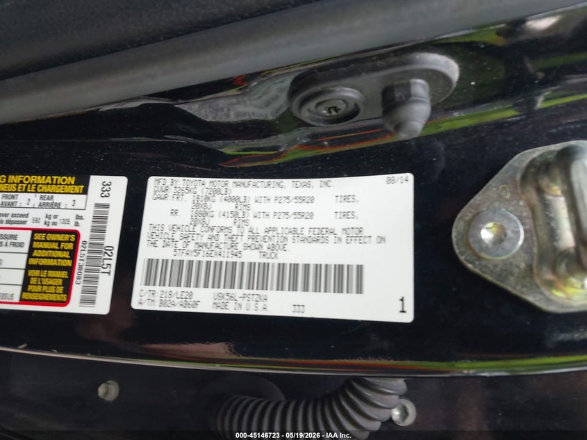 2014 Toyota Tundra VIN 5TFAY5F16EX411945 IAAI salvage auction — REAR END, Clear (Michigan), sold $14,450 on 2026-07-13 (photo 9)