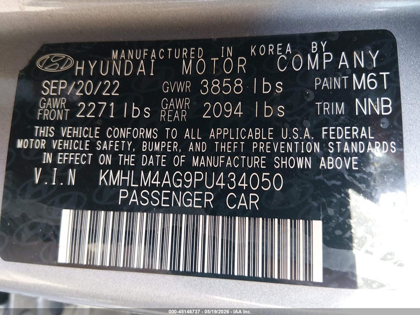 2023 Hyundai Elantra VIN KMHLM4AG9PU434050 IAAI salvage auction — REAR END, Salvage (West Virginia), sold $3,500 on 2026-07-16 (photo 9)
