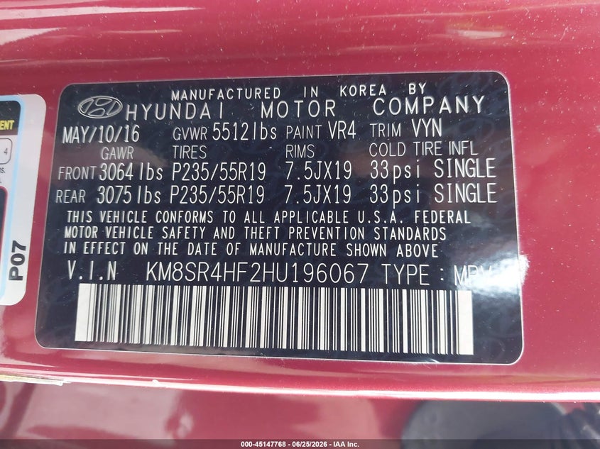 2017 Hyundai Santa fe VIN KM8SR4HF2HU196067 IAAI salvage auction — NORMAL WEAR, Original (Kentucky), sold $4,675 on 2026-07-13 (photo 9)