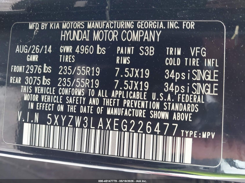 2014 Hyundai Santa fe VIN 5XYZW3LAXEG226477 IAAI salvage auction — RIGHT FRONT, Rebuildable (Florida), sold $900 on 2026-07-30 (photo 9)