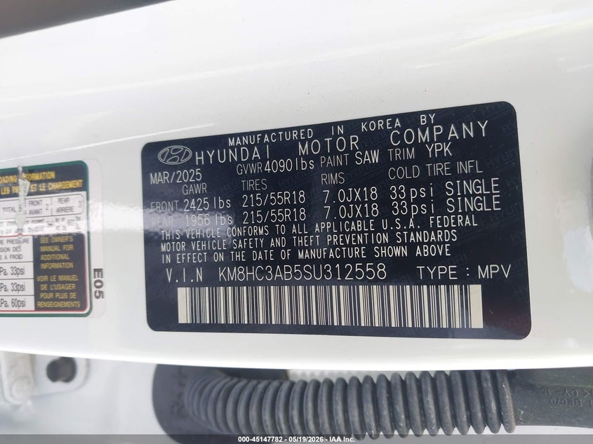 2025 Hyundai Kona VIN KM8HC3AB5SU312558 IAAI salvage auction — REAR END, Original (Texas), sold $7,600 on 2026-08-01 (photo 9)