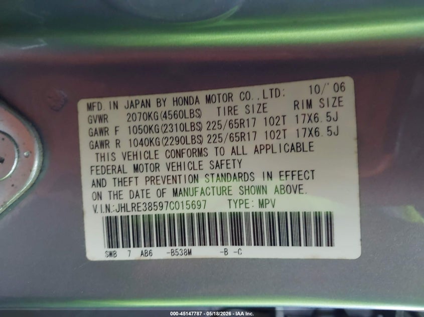 2007 Honda Cr-v VIN JHLRE38597C015697 IAAI salvage auction — NORMAL WEAR, Clear (Louisiana), sold $700 on 2026-07-29 (photo 9)