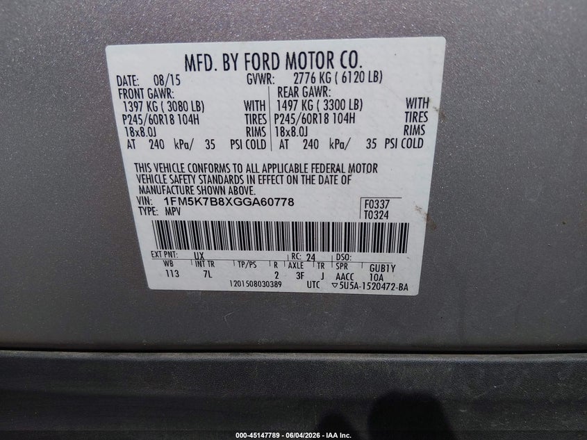 2016 Ford Explorer VIN 1FM5K7B8XGGA60778 IAAI salvage auction — FRONT END, Salvage Title, sold $600 on 2026-07-25 (photo 9)