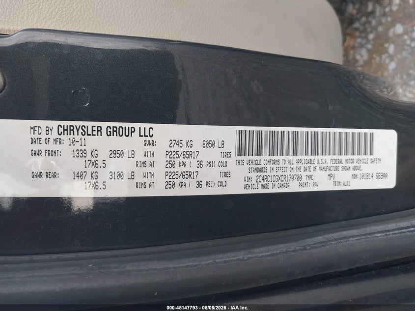 2012 Chrysler Town & country VIN 2C4RC1CGXCR170700 IAAI salvage auction — FRONT END, Clear (Arkansas), sold $400 on 2026-09-16 (photo 9)