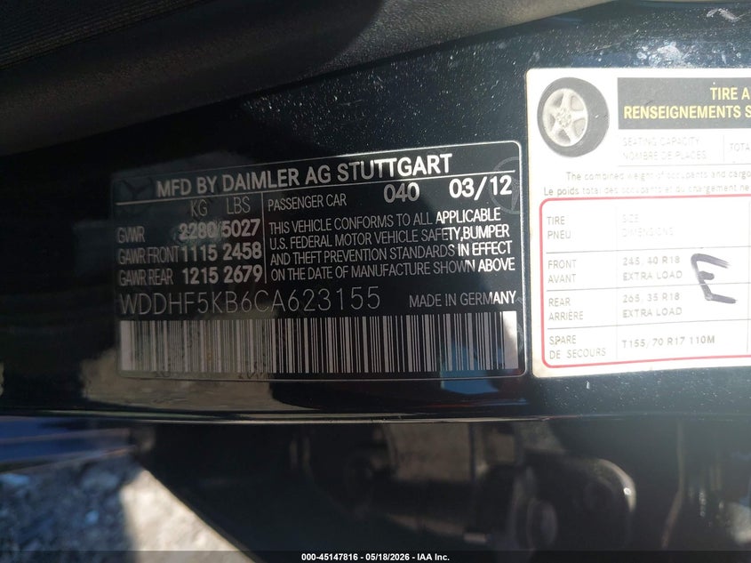 2012 Mercedes-benz E-klasse VIN WDDHF5KB6CA623155 IAAI salvage auction — SIDE, Salvage (Georgia), sold $950 on 2026-07-17 (photo 9)