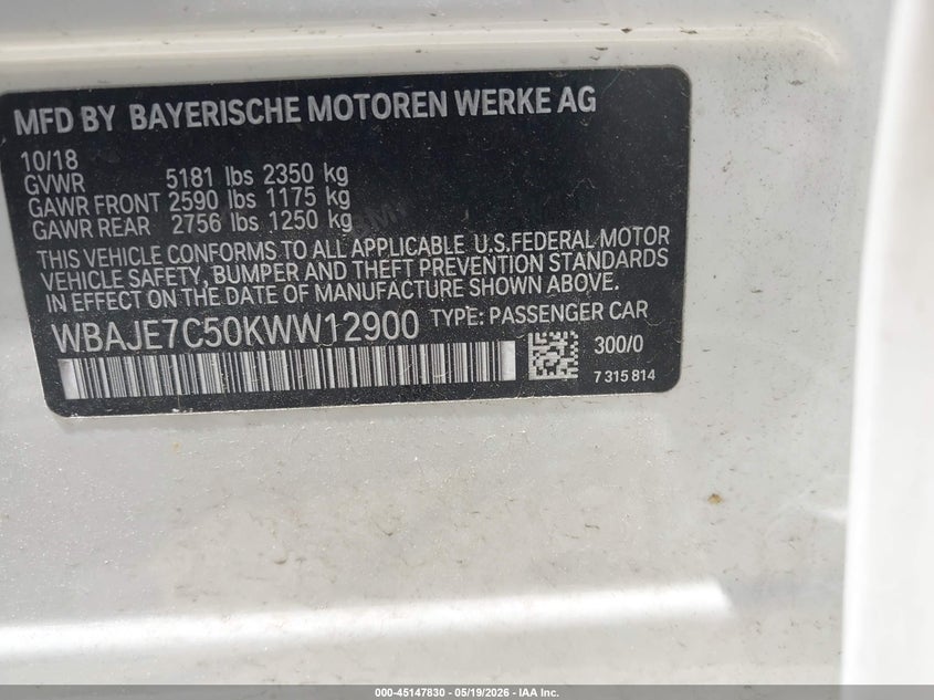2019 BMW 5er VIN WBAJE7C50KWW12900 IAAI salvage auction — LEFT FRONT, Salvage (Massachusetts), sold $9,100 on 2026-07-28 (photo 9)