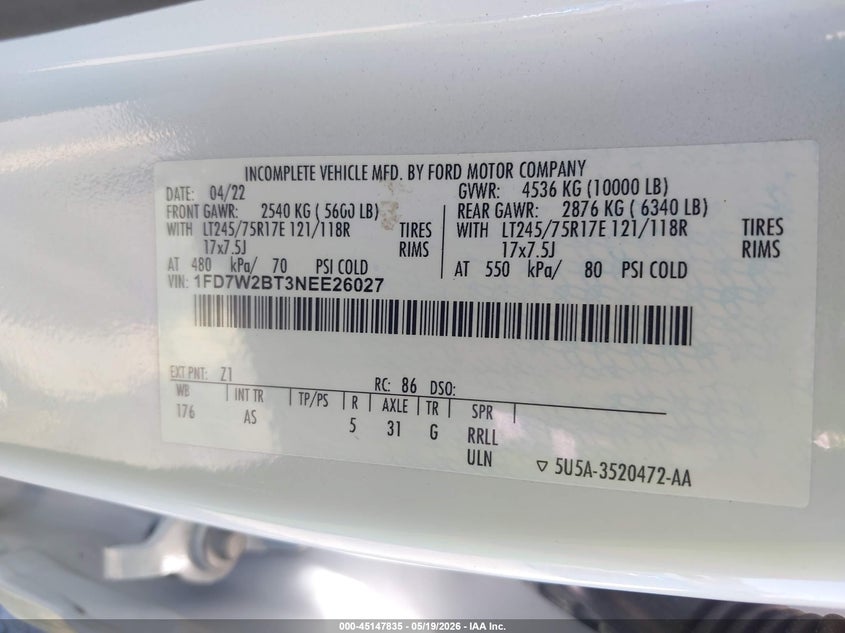 2022 Ford F250 VIN 1FD7W2BT3NEE26027 IAAI salvage auction — REAR END, Salvage (California), sold $7,600 on 2026-07-29 (photo 9)