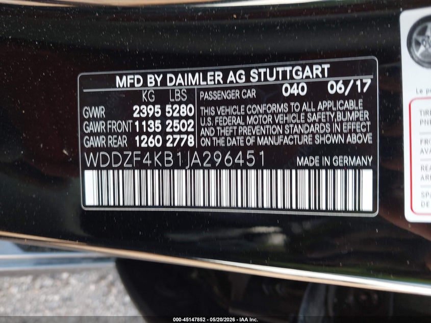2018 Mercedes-benz E-klasse VIN WDDZF4KB1JA296451 IAAI salvage auction — WATER/FLOOD, Salvage (Alabama), sold $4,350 on 2026-07-25 (photo 9)