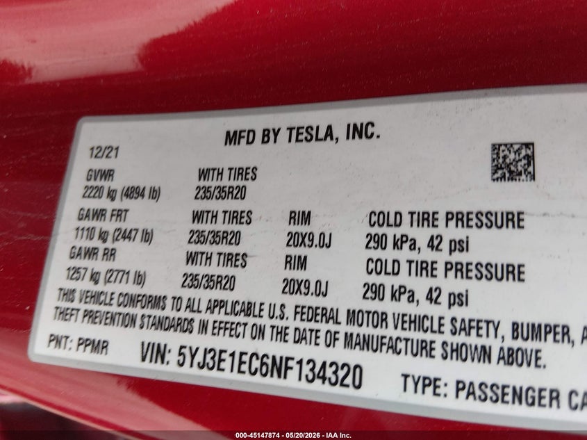 2022 Tesla Model 3 VIN 5YJ3E1EC6NF134320 IAAI salvage auction — LEFT SIDE, Original (Texas), sold $10,500 on 2026-09-11 (photo 9)