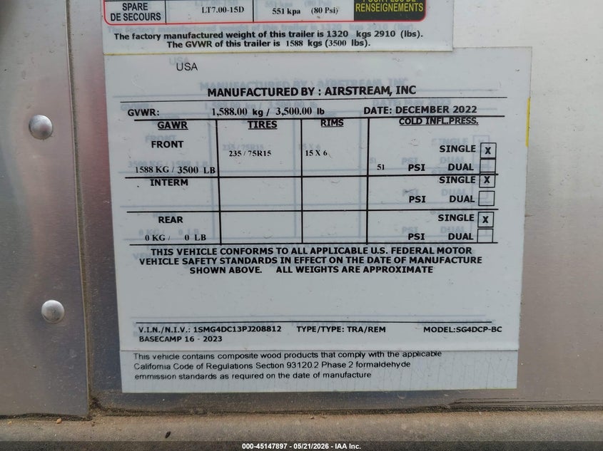 2023 Airstream Other VIN 1SMG4DC13PJ208812 IAAI salvage auction — UNKNOWN, Flood (Mississippi), sold $9,400 on 2026-09-01 (photo 9)