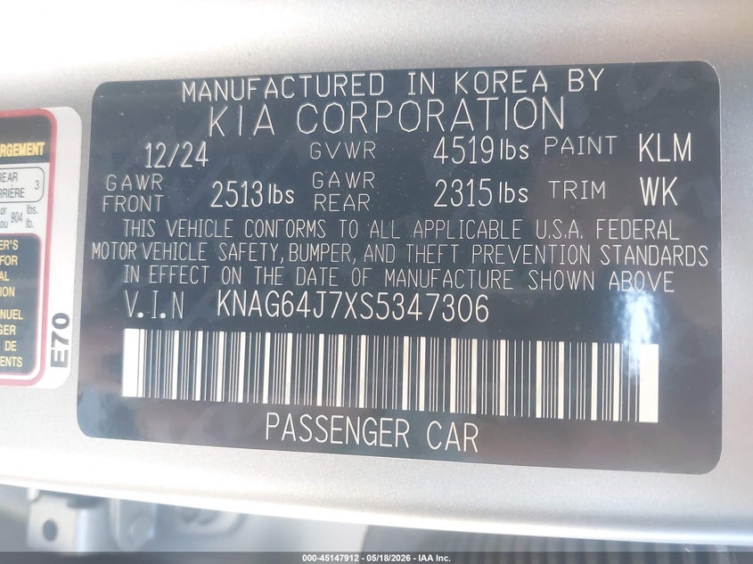 2025 Kia K5 VIN KNAG64J7XS5347306 IAAI salvage auction — REAR END, Salvage (Georgia), sold $7,150 on 2026-07-20 (photo 9)