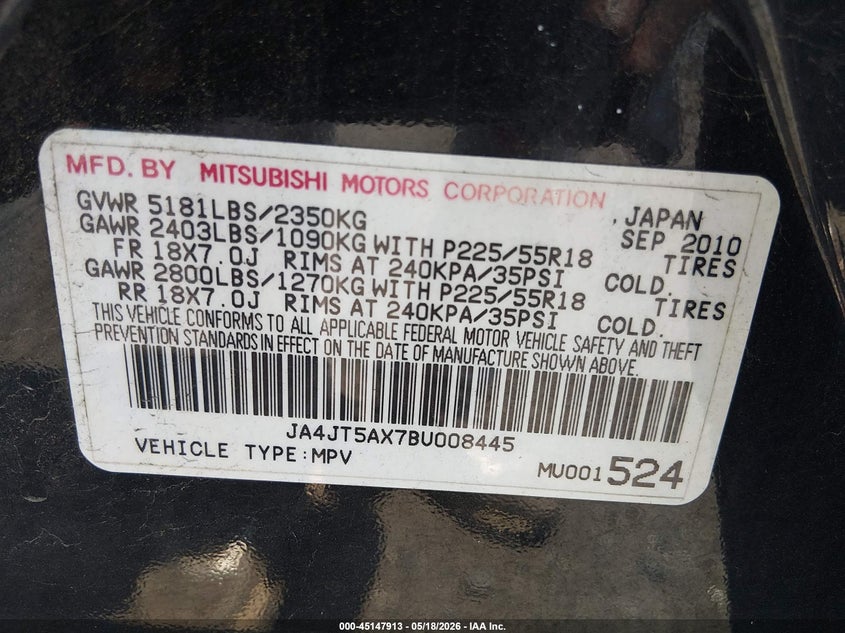 2011 Mitsubishi Outlander VIN JA4JT5AX7BU008445 IAAI salvage auction — UNKNOWN, Salvage - Greater Than 75% (Maryland), sold $825 on 2026-07-06 (photo 9)