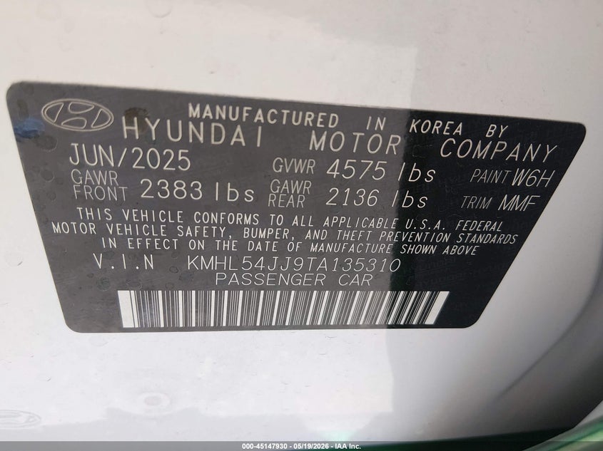 2026 Hyundai Sonata VIN KMHL54JJ9TA135310 IAAI salvage auction — SIDE, Salvage (Utah), sold $13,775 on 2026-07-16 (photo 9)