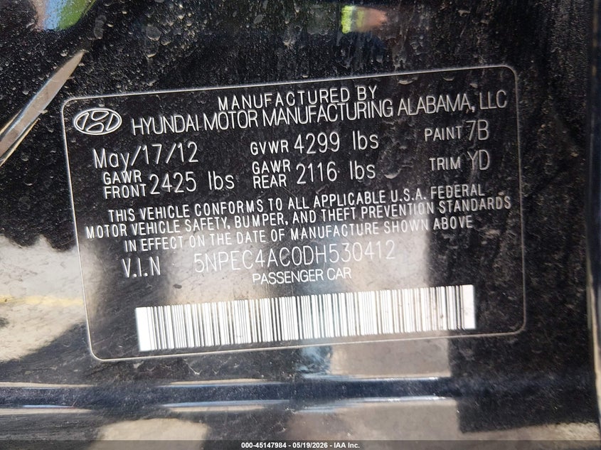 2013 Hyundai Sonata VIN 5NPEC4AC0DH530412 IAAI salvage auction — REAR END, Salvage (South Carolina), sold $475 on 2026-07-10 (photo 9)