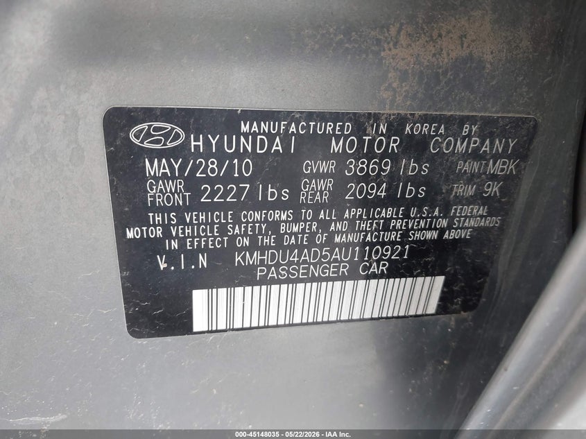 2010 Hyundai Elantra VIN KMHDU4AD5AU110921 IAAI salvage auction — FRONT & REAR, Certificate Of Title (Nebraska), sold $550 on 2026-07-09 (photo 9)