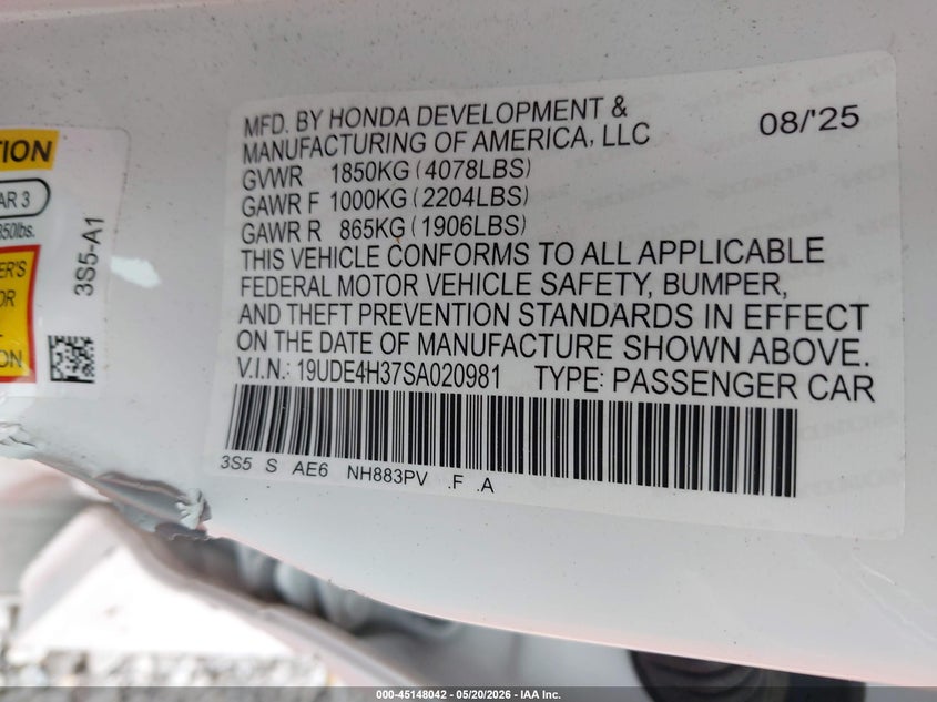 2025 Acura Integra VIN 19UDE4H37SA020981 IAAI salvage auction — LEFT SIDE, Salvage (Missouri), sold $7,100 on 2026-07-27 (photo 9)