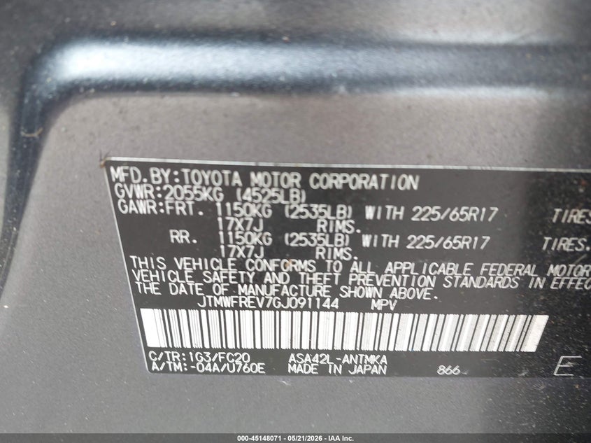 2016 Toyota Rav 4 VIN JTMWFREV7GJ091144 IAAI salvage auction — FRONT END, Original (Texas), sold $4,400 on 2026-07-21 (photo 9)