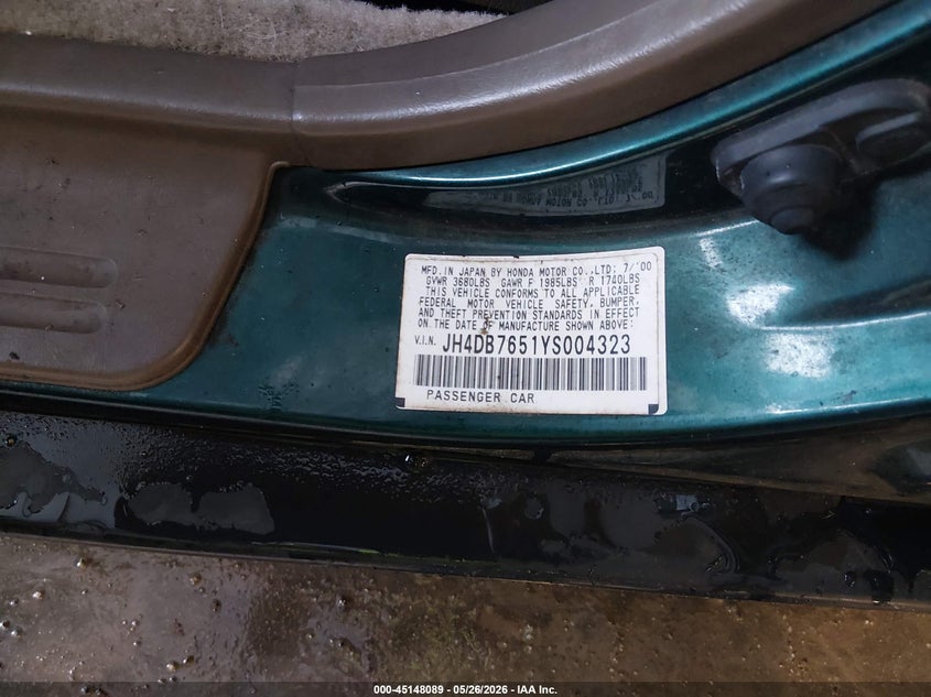 2000 Acura Integra VIN JH4DB7651YS004323 IAAI salvage auction — NORMAL WEAR, Clear (Maryland), sold $850 on 2026-07-06 (photo 9)