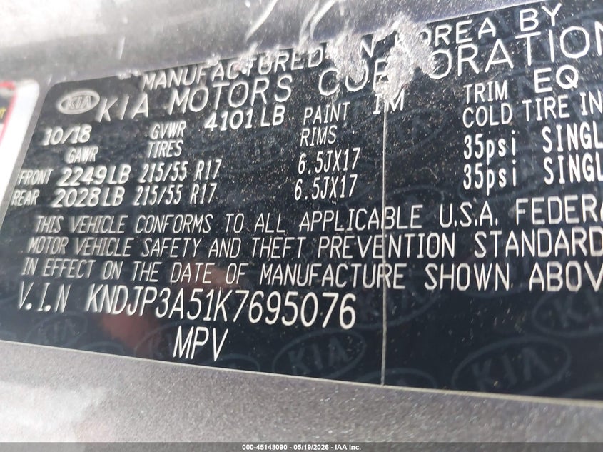 2019 Kia Soul VIN KNDJP3A51K7695076 IAAI salvage auction — SIDE, Salvage (Mississippi), sold $25 on 2026-07-31 (photo 9)