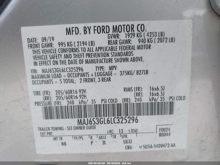 2020 Ford Ecosport VIN MAJ6S3GL6LC325296 IAAI salvage auction — FRONT END, Mv-907A (New York), sold $25 on 2026-07-23 (photo 9)
