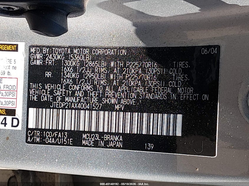 2004 Toyota Highlander VIN JTEDP21AX40041527 IAAI salvage auction — NORMAL WEAR, Clear (Montana), sold $750 on 2026-07-24 (photo 9)