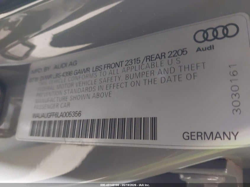 2020 Audi A3 VIN WAUAUGFF6LA005356 IAAI salvage auction — LEFT FRONT, Salvage (North Carolina), sold $4,700 on 2026-07-30 (photo 9)